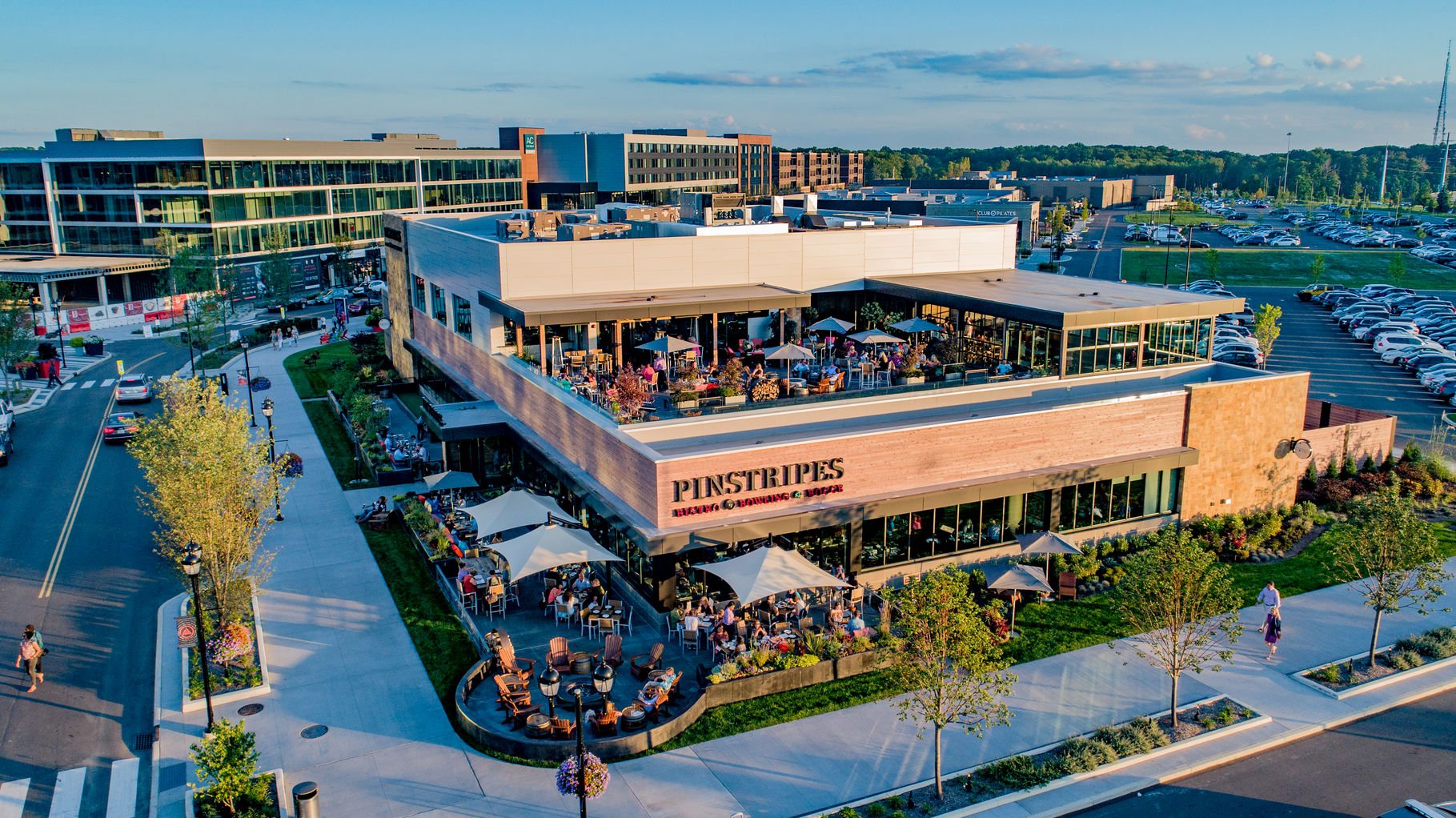 Aerial view of Pinstripes restaurant.
