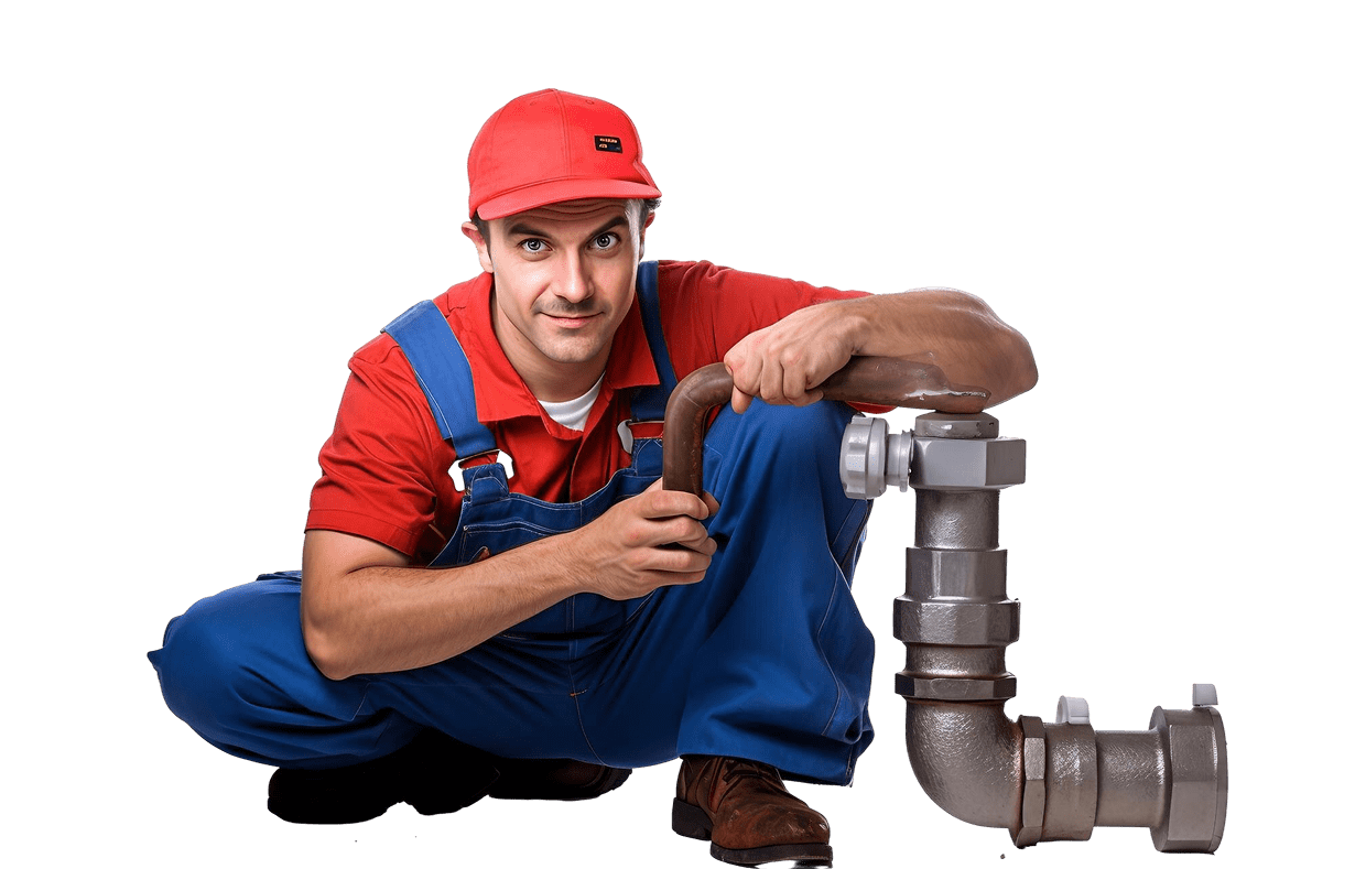 Smiling plumber beside large metal pipes