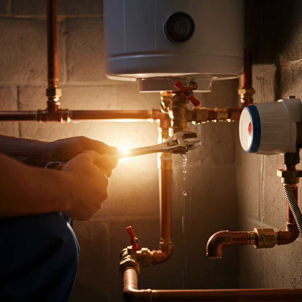 Plumber repairing a leaky water heater