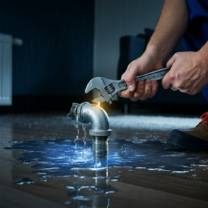 Plumber repairing a leaking pipe.