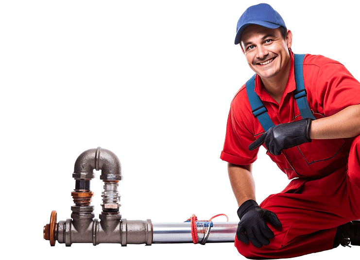 Smiling plumber pointing at pipes.